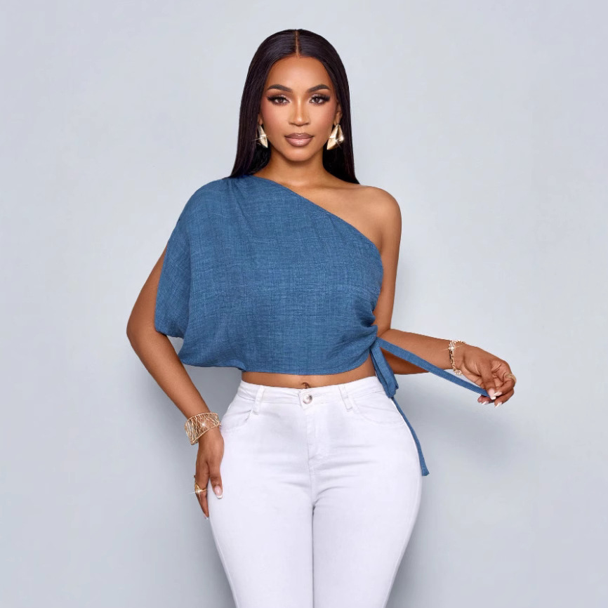 Amazon Spring/Summer Women's casual top for commuting, made of blue textured fabric, single-shoulder folding, adjustable drawstring for hot girls Application Scenario