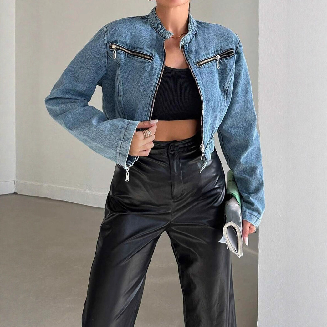 Cross-border European and American fashion design sense denim jacket for women, short denim jacket with zipper Specification image