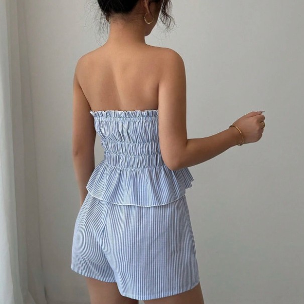 A two-piece set of cross-border summer casual strapless striped ruffled crop top and elastic waist shorts details Picture