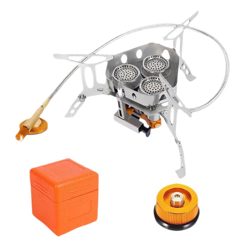 Outdoor high-intensity three-burner gas stove, three-star stove, portable camping and picnic cookware, mini gas cylinder, gas stove Item Picture