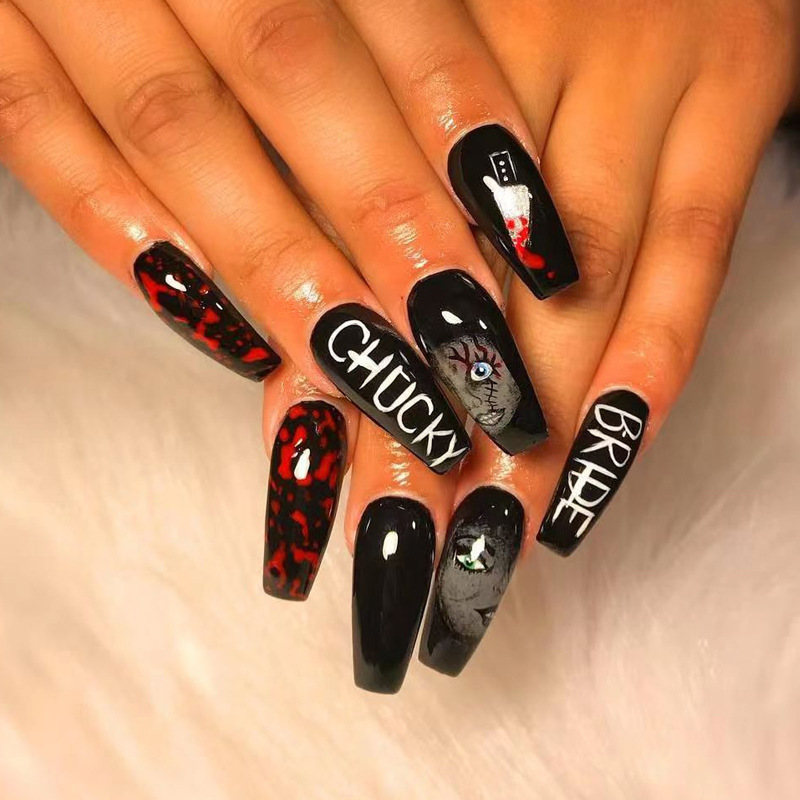 Cross-border exclusive Halloween wearable nail art patches, false nails, long ballet print pattern nail art pieces details Picture