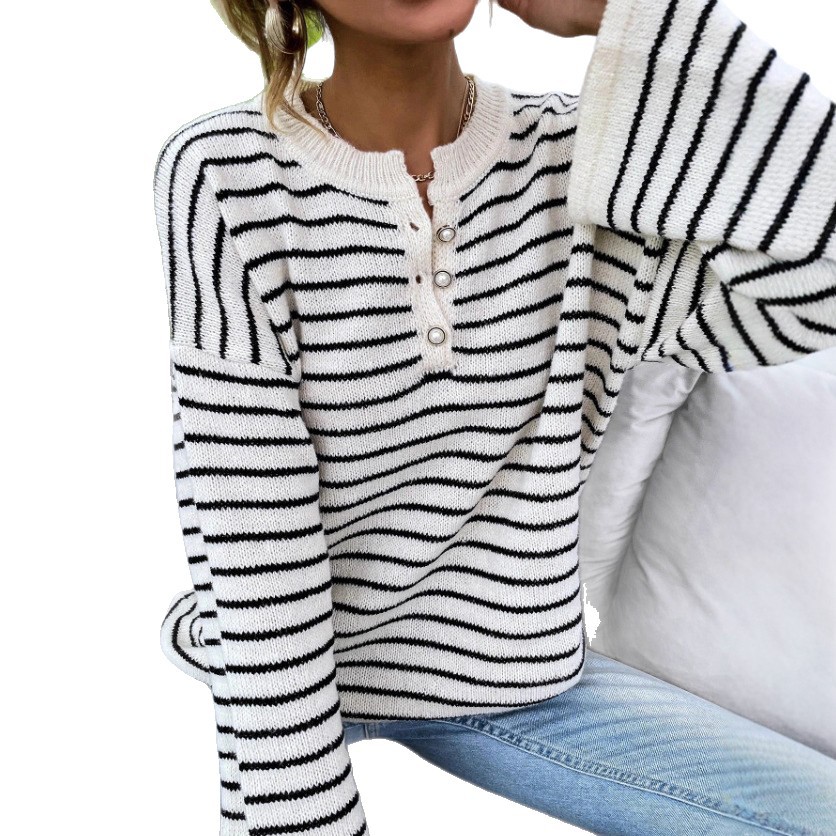 Cross-border foreign trade Amazon striped contrasting color loose long-sleeved T-shirt, European best-selling knitted sweater, high-end top Item Picture
