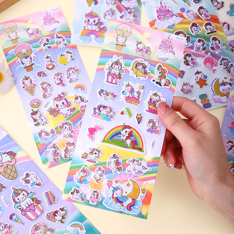 儿童卡通独角兽泡泡贴纸 幼儿园奖励贴女孩贴纸 芙蓉皮泡棉立体贴图