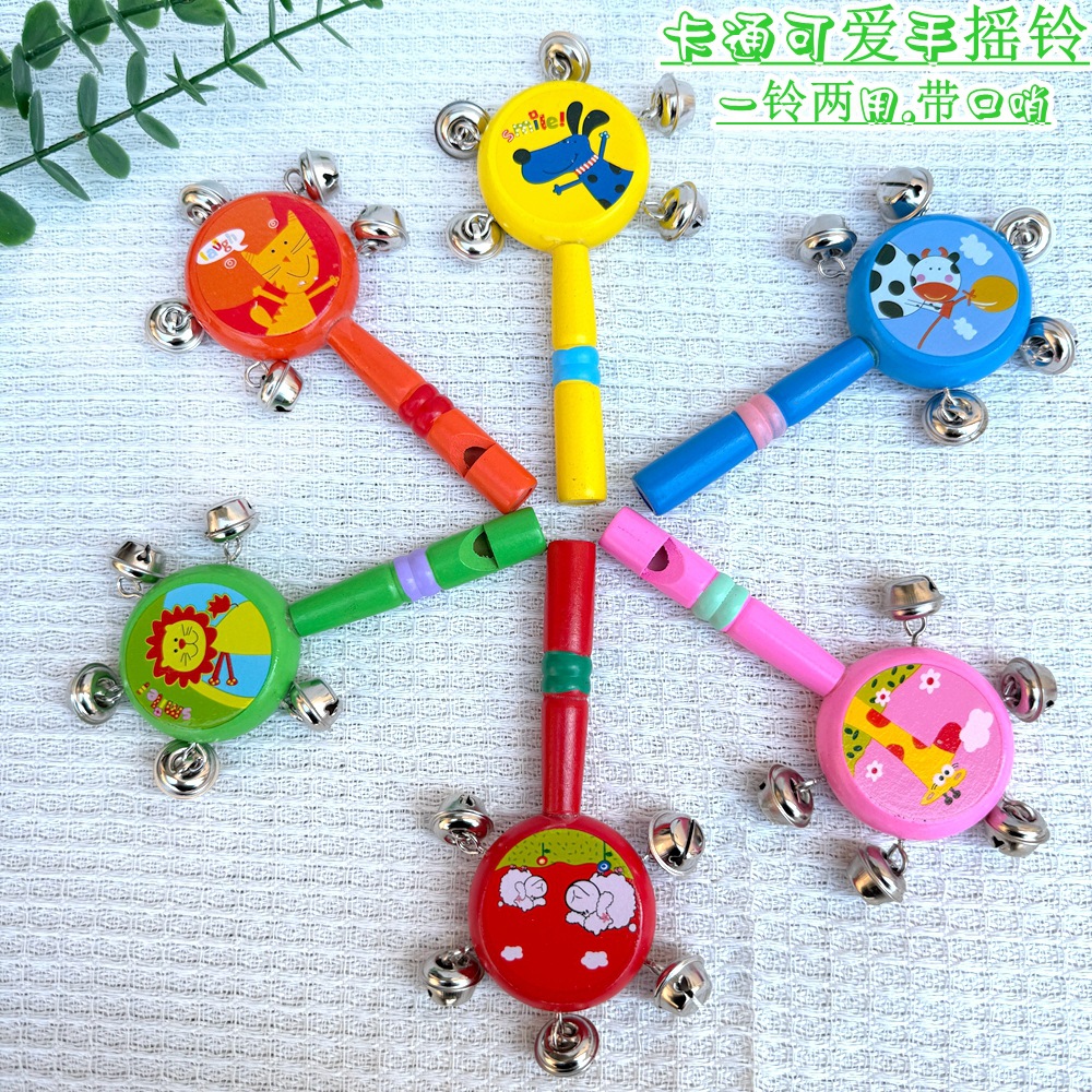 彩色卡通手摇铃木制儿童两用口哨摇铃奥尔夫益智早教安抚乐器跨境