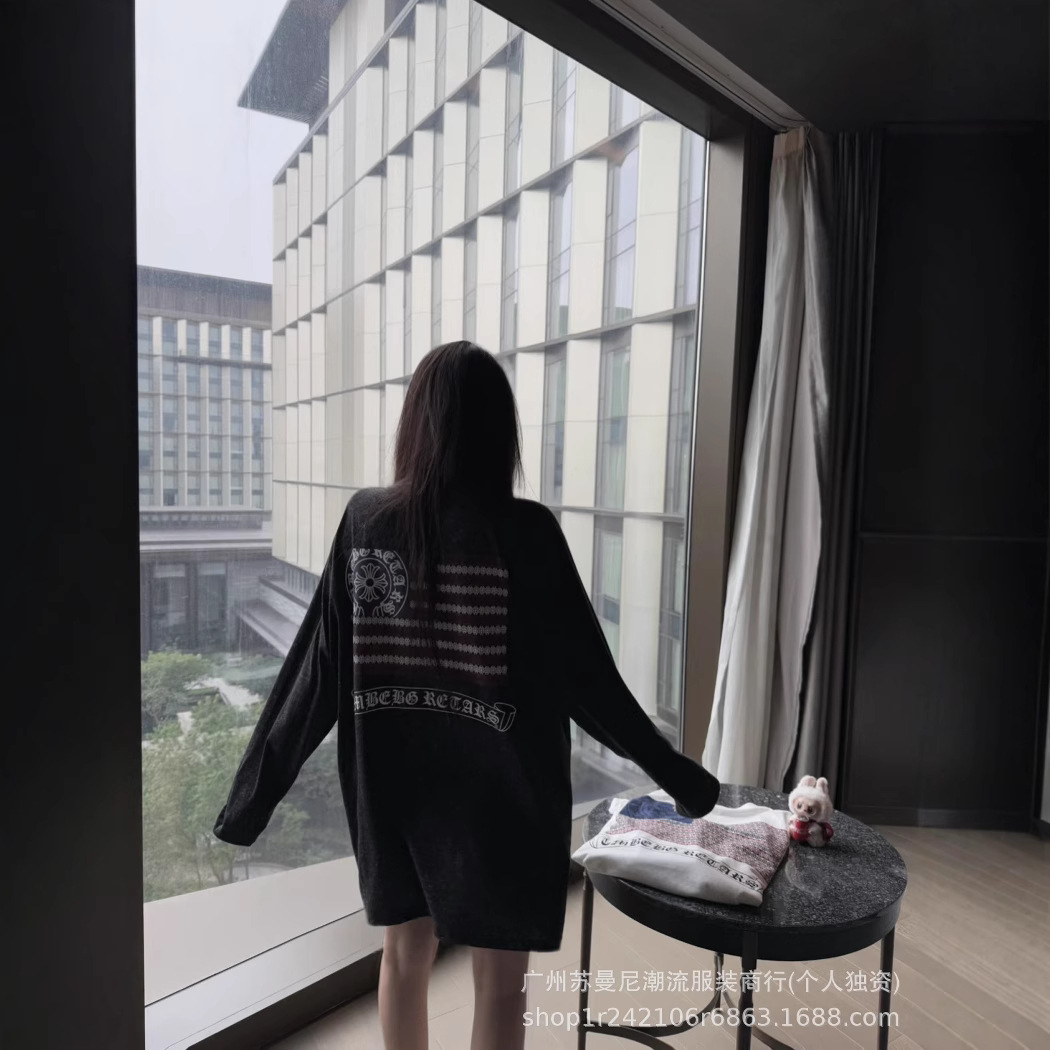 25ss新款Ch克罗伈雪花棉长袖夏季薄款宽松慵懒后背印花T恤女圆领