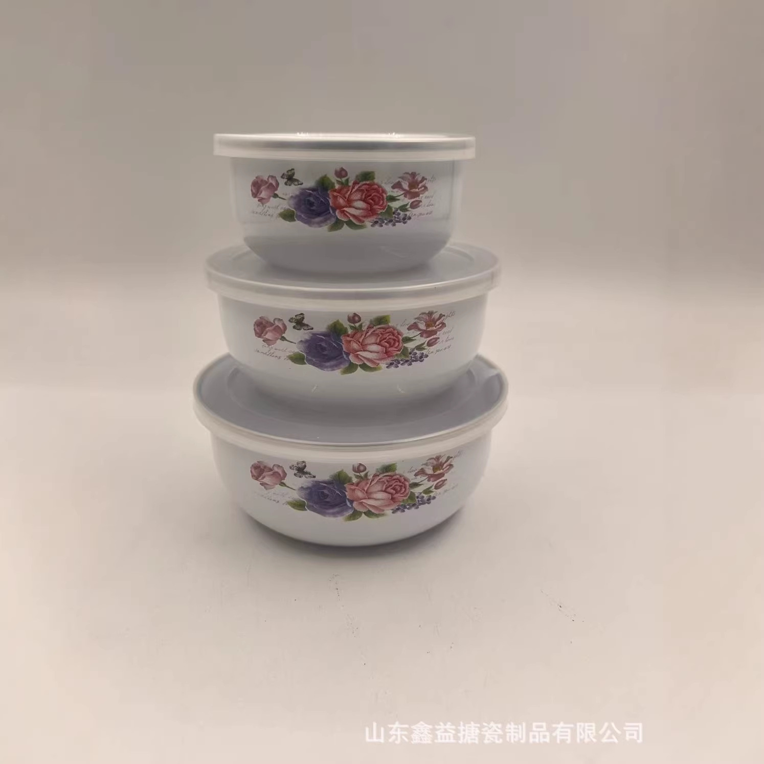 Old-fashioned enamel bowl with lid, thickened sealed bowl sleeve, kitchen storage bowl, nostalgic vegetable bowl 3-piece set Specification image