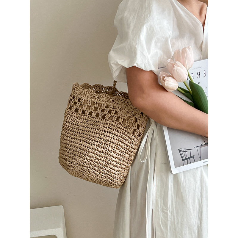 Cross-Border Straw Weaving Bag, French Lafite Straw Single-Shoulder Straw Weaving Bag, New Hollowed-Out Lace Straw Weaving Bag, Vacation Beach Bag, Versatile Women's Bag, Handcrafted Straw Weaving Bag