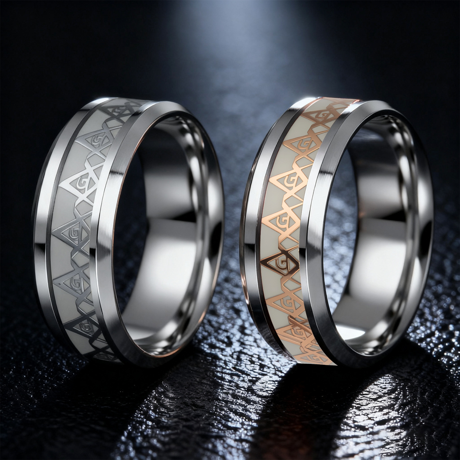 European and American retro trend men's titanium steel ring, powerful and individual men's ring accessory, Masonic luminous ring details Picture