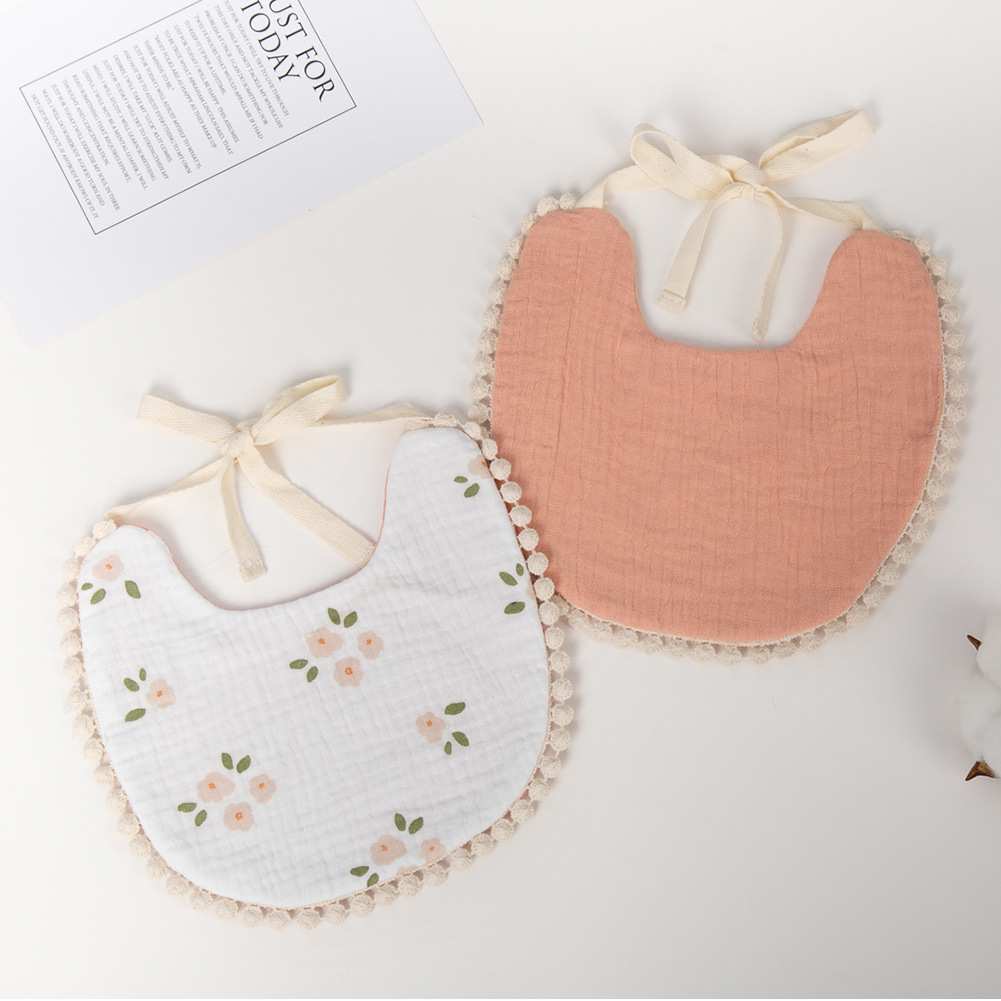 跨境新款宝宝围兜韩系小碎花儿童双面口水巾皱布棉婴幼儿系绳围嘴细节图