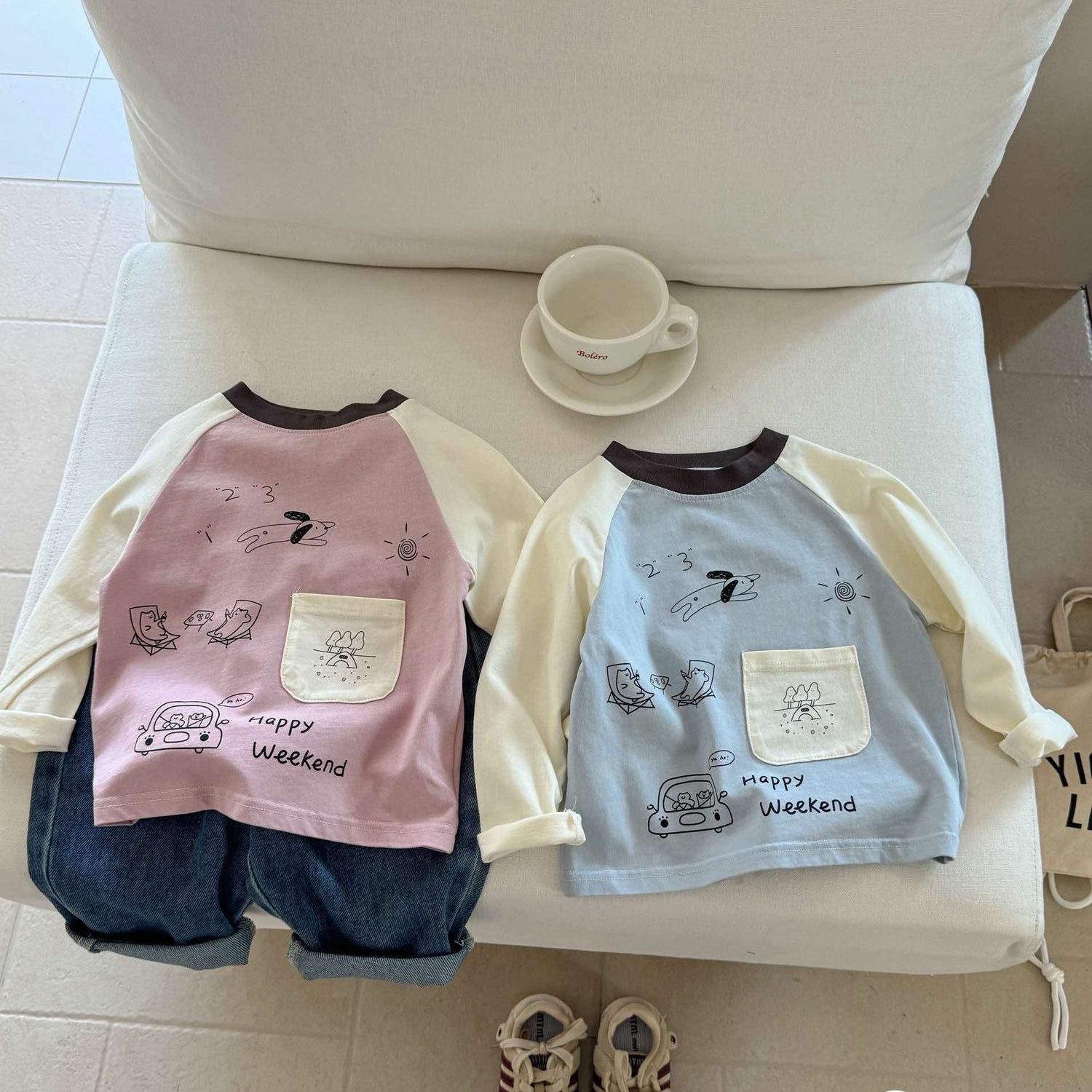 Children's Stylish Spring and Autumn Boys and Girls 2025 color-blocking new cartoon-printed pure cotton baby long-sleeved pocket T-shirts