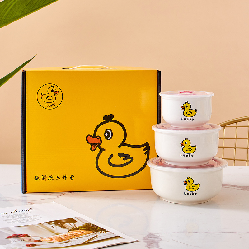 Little Yellow Duck Gift Set, wholesale of three-piece fresh-keeping bowls with LIDS, sealed bowls, household instant noodle bowls, and opening souvenirs details Picture