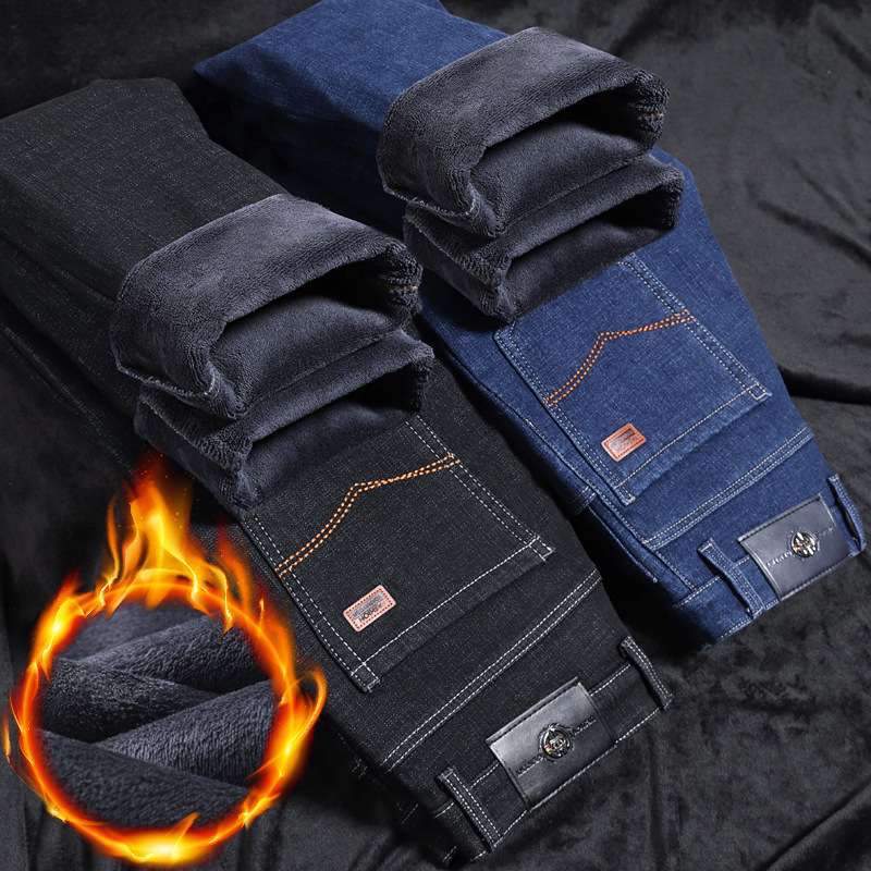 Autumn and winter jeans for men, mid-waisted straight leg, slim stretch, fleece thickened, loose business casual men's pants for middle-aged Specification drawing