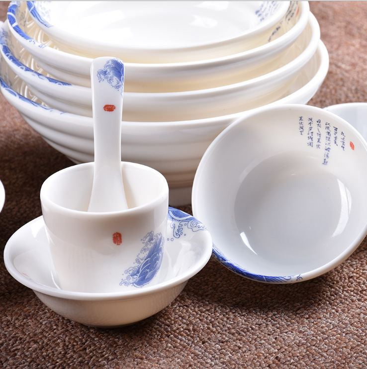 Melamine tableware A5, white decal soup bowl, threaded bowl, noodle bowl, small bowl, seasoning bowl, rice bowl, imitation porcelain tableware Specification drawing