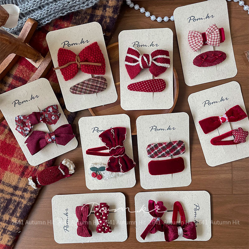 Nueva versión coreana otoño invierno rojo atado dulce arco clip de pelo niños hecho a mano tela lateral cabello roto clip mujer Pom.kr rojo atado clip de pelo conjunto arco plaid ondulado punto otoño invierno vintage dulce chica