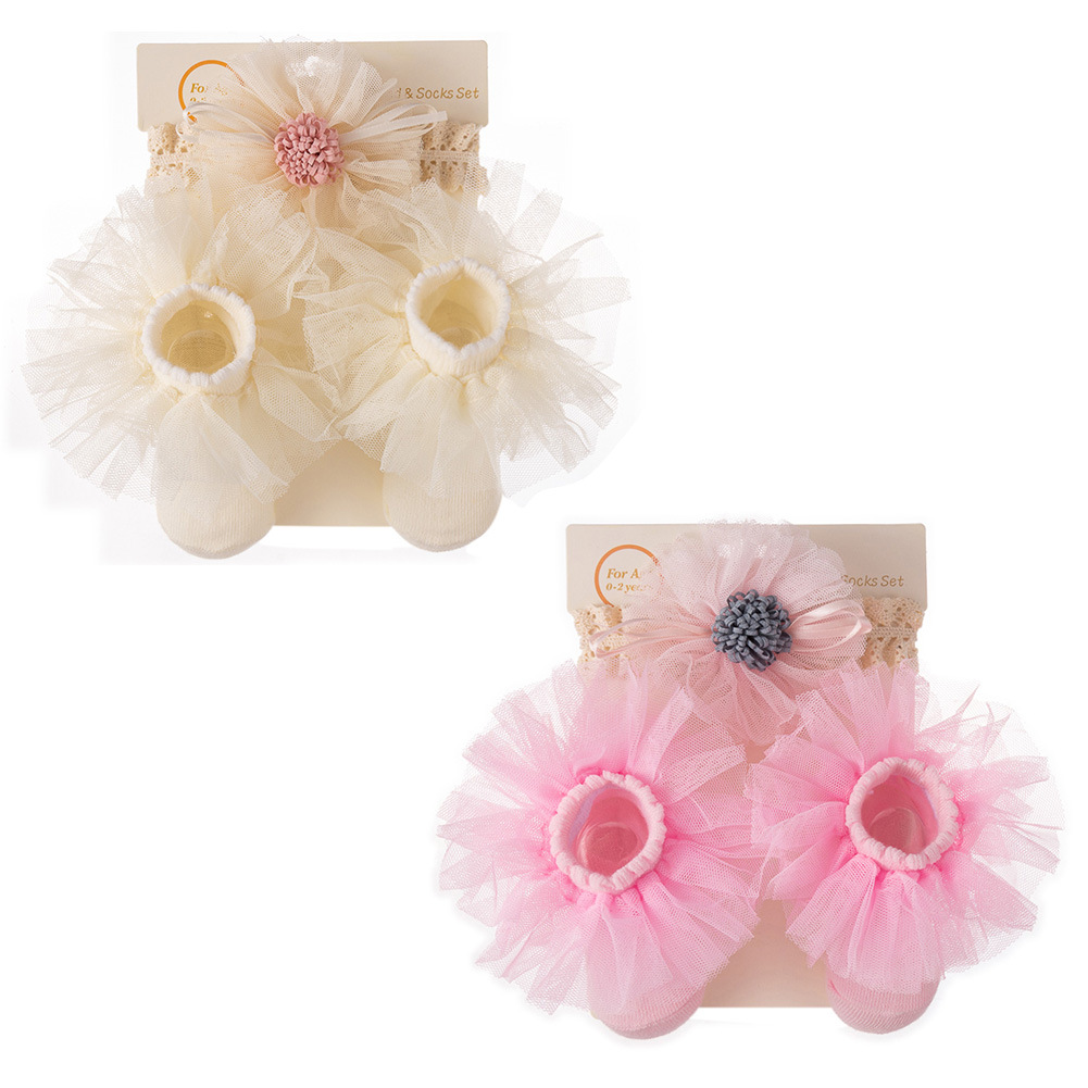 韩版新款雪纺蕾丝婴儿发带袜子套装宝宝满月周岁百天礼品头带地板白底实物图