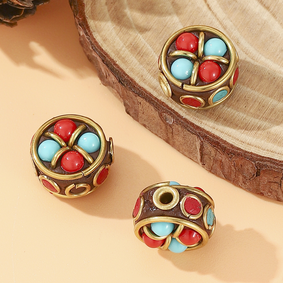 Retro Tibetan-style Nepalese barrel beads inlaid with red and blue agate DIY handcrafted jewelry accessories, bead divider waist beads