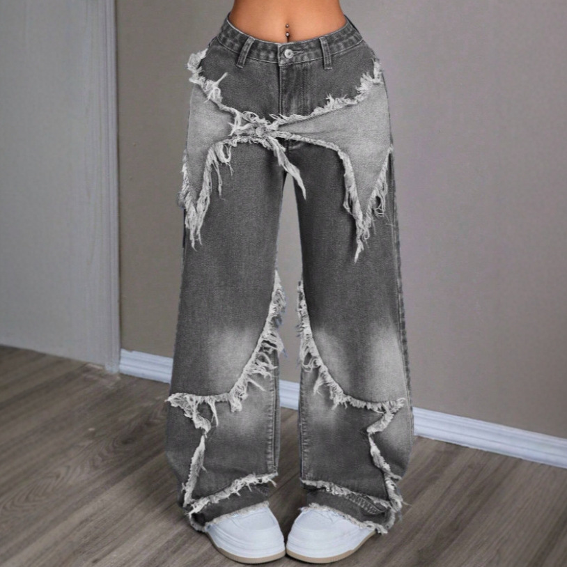 美式复古星星拼布重工水洗牛仔裤女毛边设计感拖地长裤直筒牛仔裤细节图