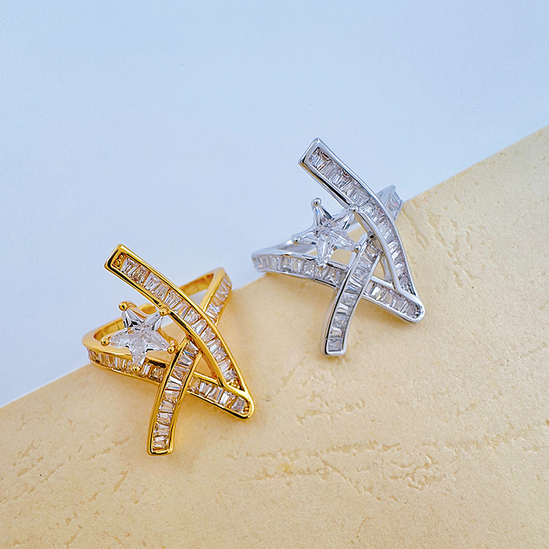 柏伶立体缠绕五星戒指女式闪钻食指戒时尚个性气质螺旋简约开口戒