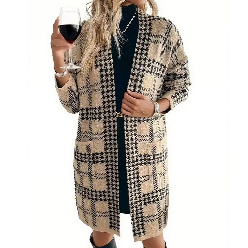 A new cross-border knitted long cardigan with a checkered pattern from Europe and America for the autumn and winter of 2025 Item Picture