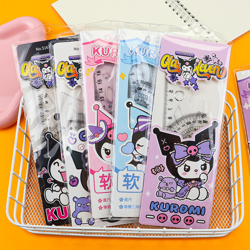 Cartoon ruler set, four-piece ruler set for primary school students, multi-functional set of set square, protractor, ruler and flexible ruler set details Picture