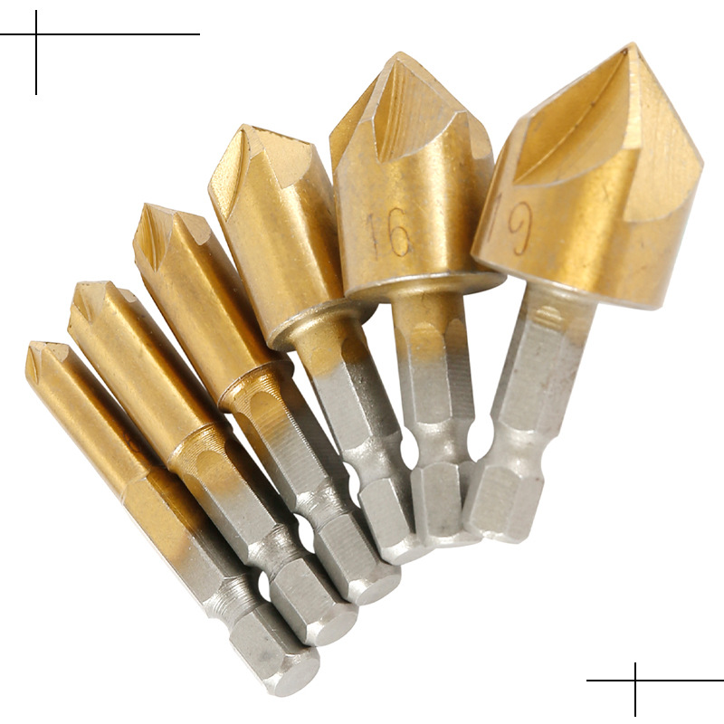 Woodworking five-edge chamfering tool, hexagonal handle, titanium-coated 6-19 set wholesale, 90-degree chamfering knife, drill bit deburring tool details Picture