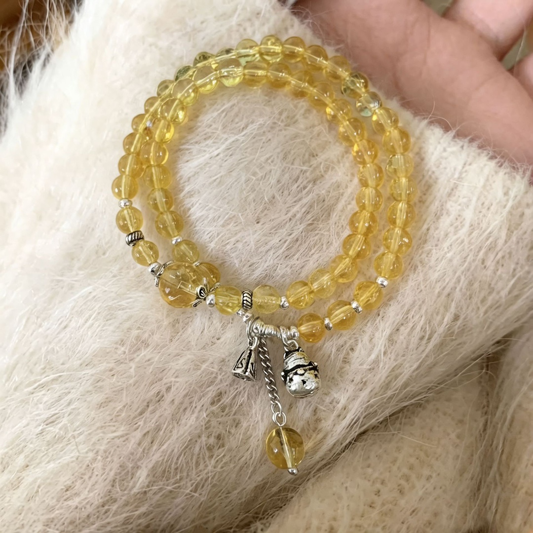 S925 sterling silver yellow crystal retro Maneki Neko double-loop bracelet for women, an Instagram niche design for attracting wealth Specification image