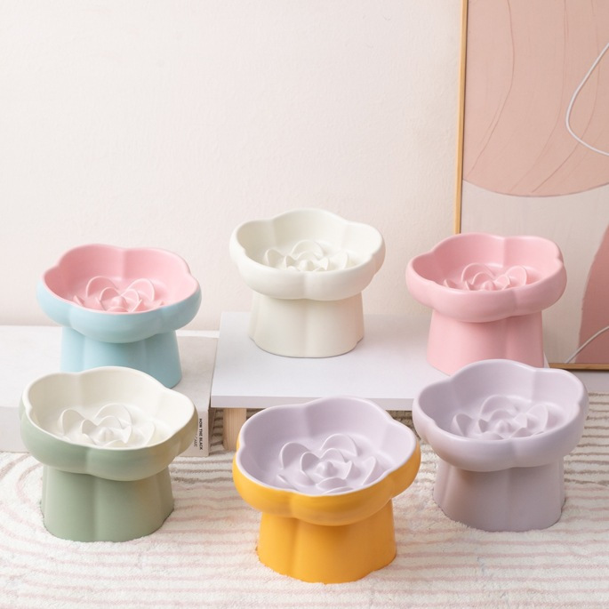 Pet slow food bowl, high-footed ceramic cat bowl, dog bowl, small dog and cat slow food, anti-choking and anti-knocking, neck-protecting slanted bowl