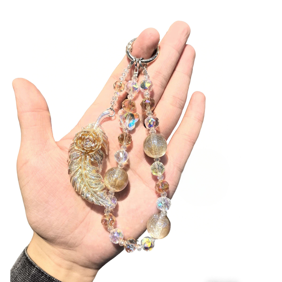 Rose luminous feather tassel keychain, gradient glitter acrylic crystal pendant, exquisite girl's heart bag pendant details Picture