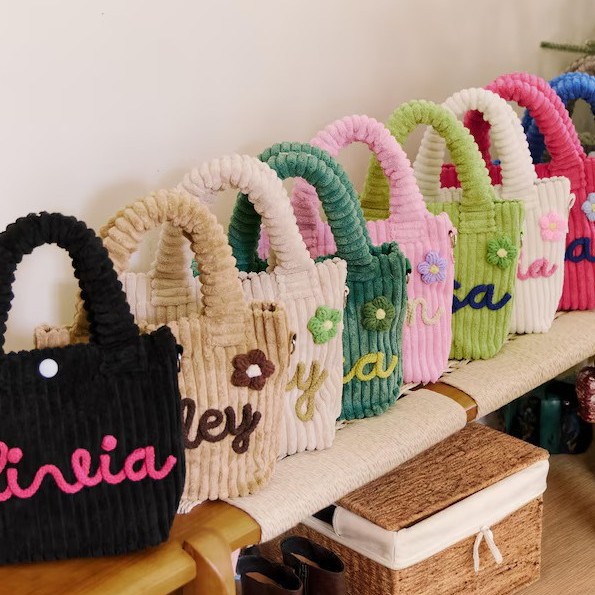 Cross-border canvas bag, striped canvas bag, etsy personalized hand-embroidered name, crossbody backpack, candy-colored hand-held high-end white matching corduroy single-shoulder tote bag, fabric bag Application Scenario