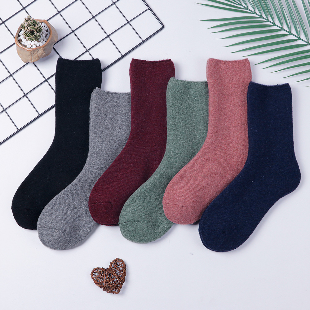 羊毛袜子跨境秋冬女袜保暖纯色毛圈袜松罗口女士中筒袜抗菌防臭