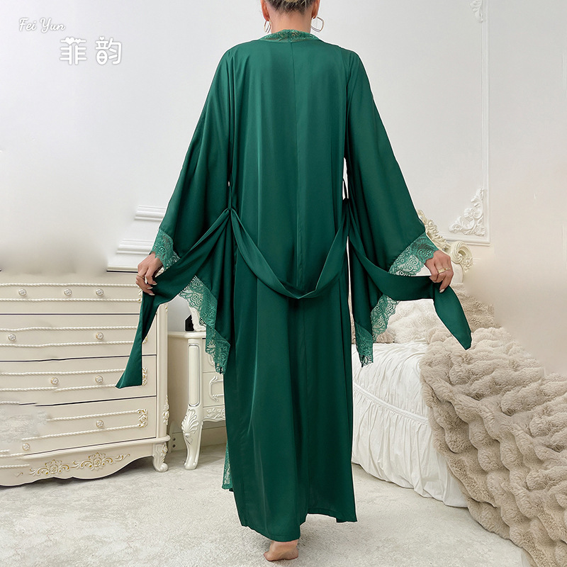New cross-border satin long pajamas, women's lace light luxury long-sleeved cool bathrobe, bathrobe and home wear, women's 336 Specification image