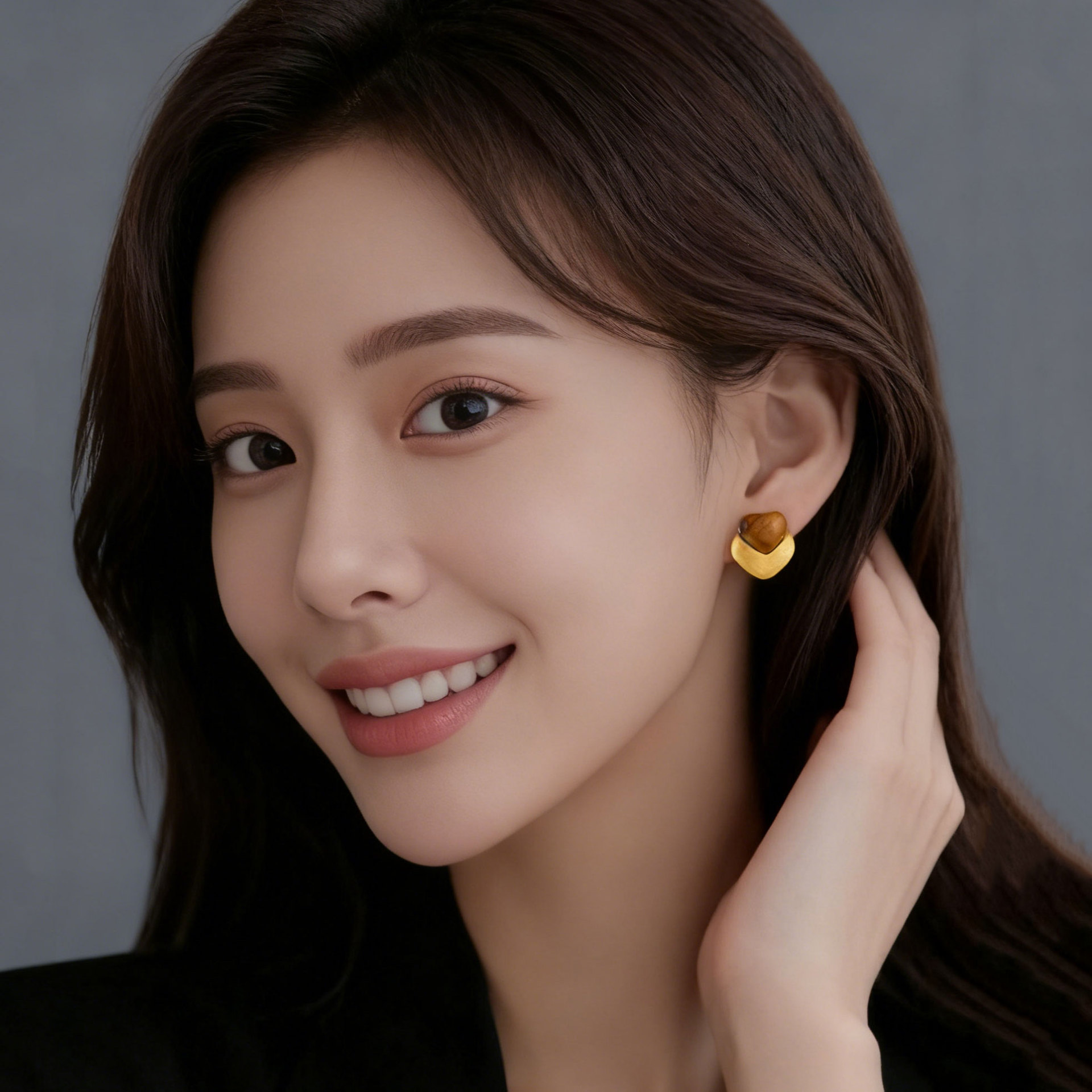 French retro tiger's eye heart-shaped earrings, copper alloy, real gold electroplated and brushed s925 silver needle, high-end women's earrings
