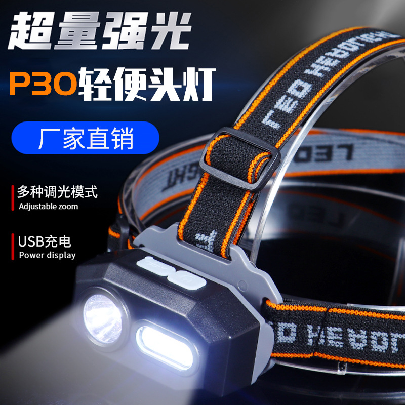 跨境双光源户外USB充电头灯P30强光头灯cob头戴式电筒夜钓灯