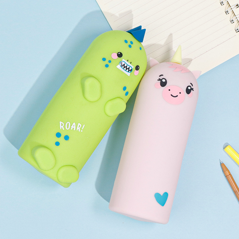 New creative silicone pen case, cute cartoon unicorn dinosaur, large capacity, dirt-resistant study supplies stationery box Application Scenario
