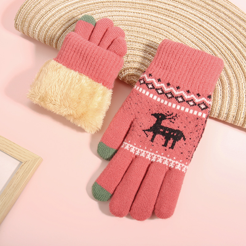 Touch screen gloves for women, winter Korean version, street stall, fleece thickened, cold-proof, deer wool warm knitted gloves