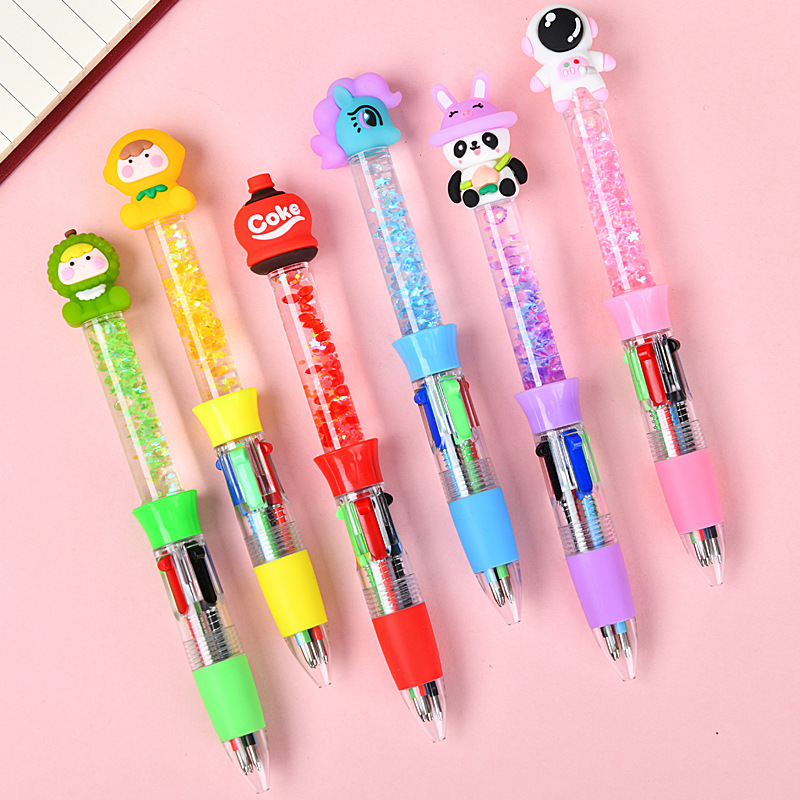Cartoon flowing sand small four-color pen student stationery, cute and creative multi-color ballpoint pen, colorful press pen student supplies details Picture