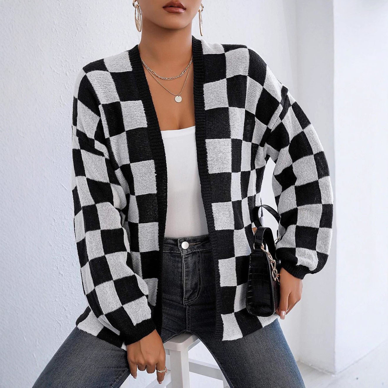 European and American women's cardigans for export, European and American women's sweaters, cross-border woolen thick checkered casual sweater jackets