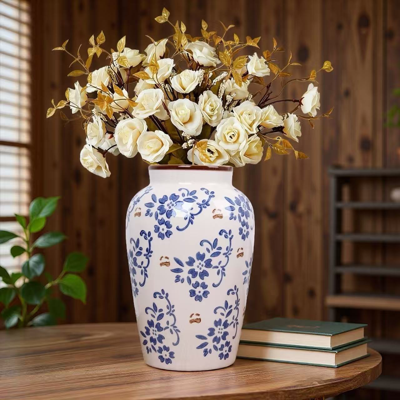 Nuevo chino chino medio azul y azul porcelana vintage pequeña botella cerámica arreglos florales decoración de sala de estar arreglos florales details Picture