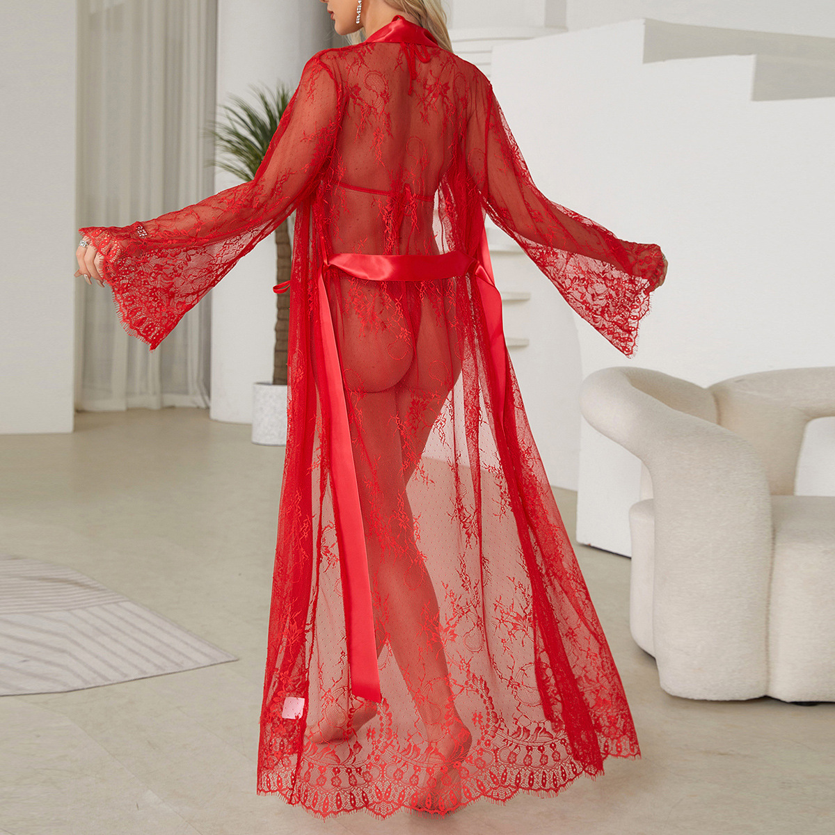 Sexy lace multi-color see-through mesh bathrobe with large flared sleeves and LACES, long bathrobe and home wear, 677 Specification image