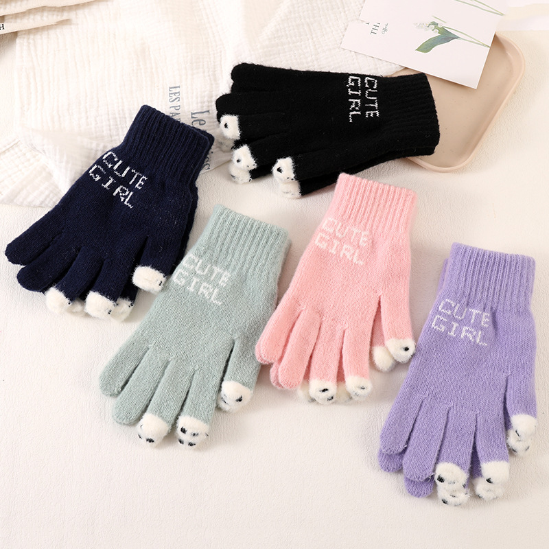 触屏保暖手套针织豆豆鱼全指漏指防寒保暖写字手套女冬季骑行手套产品图