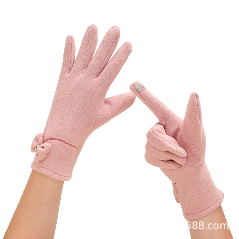 Warm gloves, windproof and cold-proof, fleece and thickened, outdoor cycling, cute bow, touch screen for women, autumn and winter gloves Item Picture