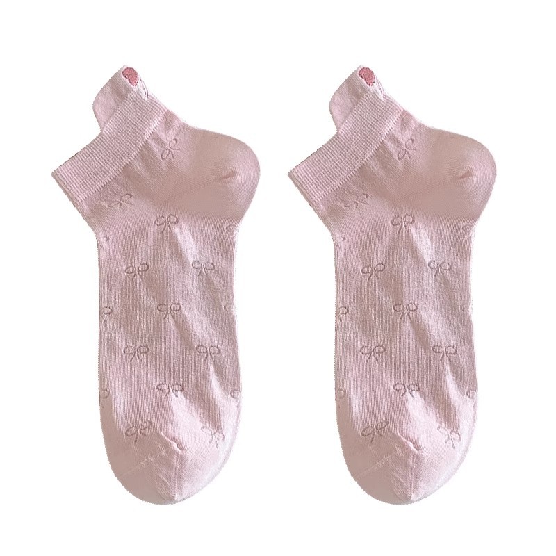 Japanese-style bow boat socks, summer thin breathable socks, women's ins heels embroidered shallow toe short socks, sweet cotton socks Item Picture