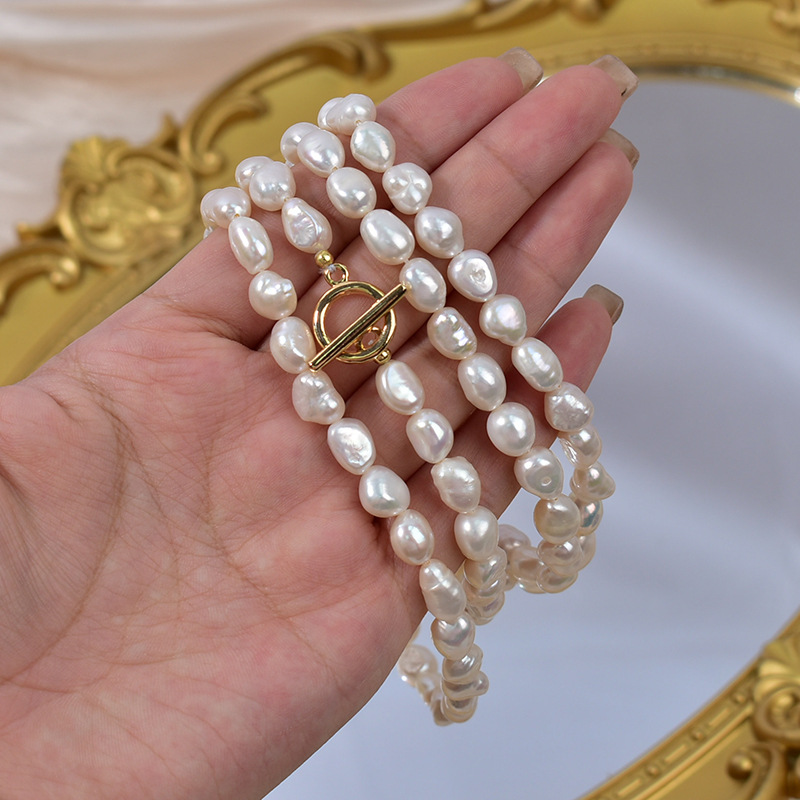 Sweater chain, natural pearl necklace, long OT buckle, fashionable French retro, irregular-shaped pearl, versatile, casual long chain for women Specification image