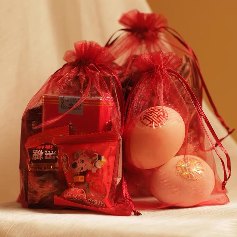 Wedding red wedding candy gauze bags, return gift drawstring bags, wedding egg ornaments and jewelry packaging, Ougen net gauze bags wholesale details Picture