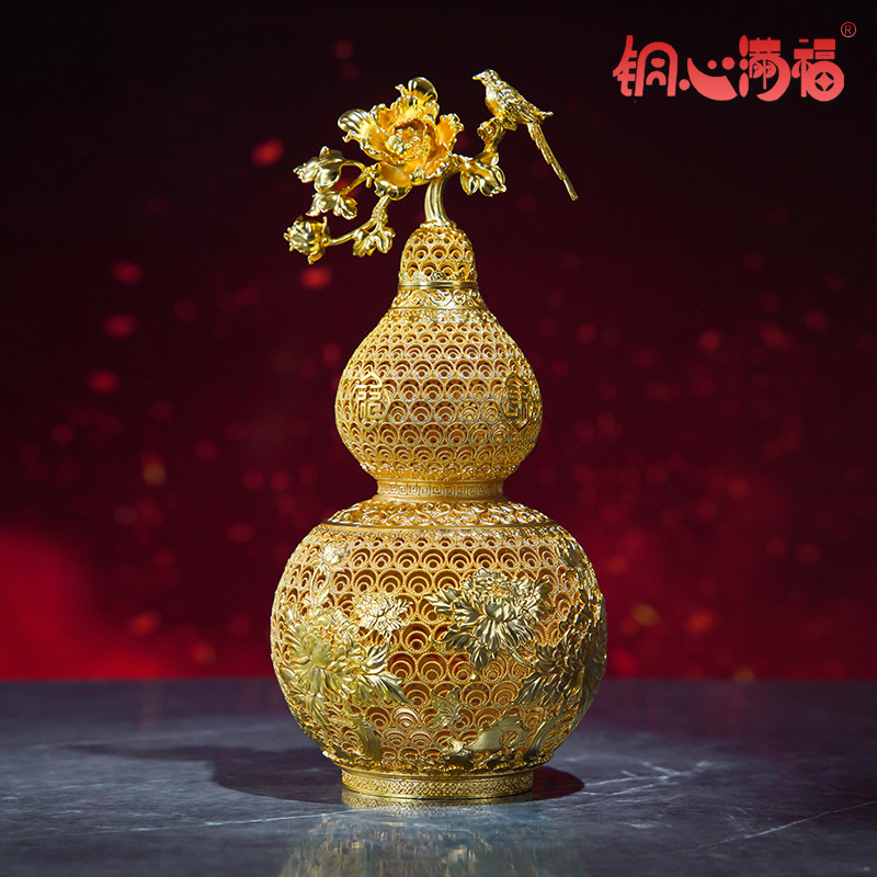 厂家直销《花开富贵花丝葫芦》铜葫芦摆件玄关装饰品乔迁新居礼品