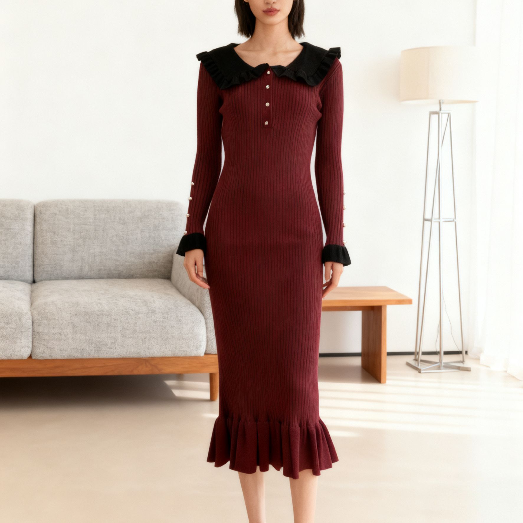 Ruffled dress, knitted dress, new autumn and winter sweater dress, 2023 retro lady, European and American cross-border French dress for women Application Scenario