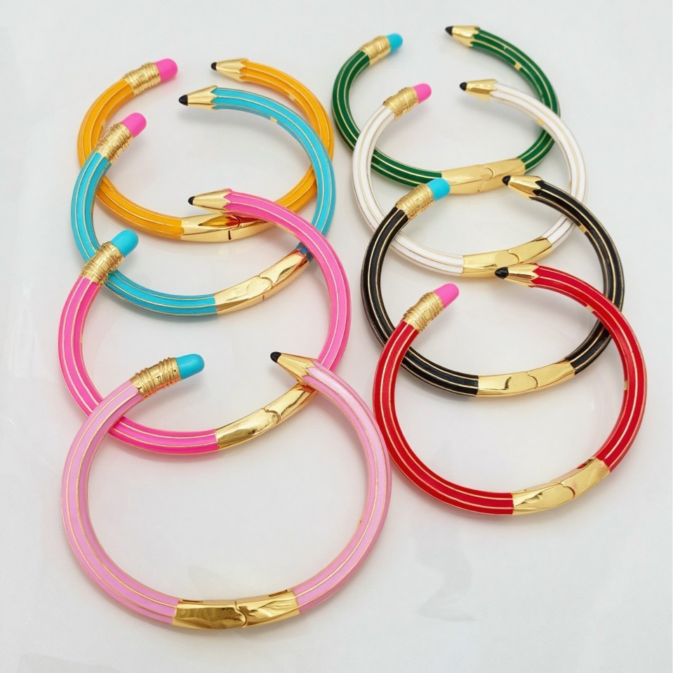 跨境新品铅笔橡皮戒指手镯套装个性创意时尚款拼接感珐琅彩开口