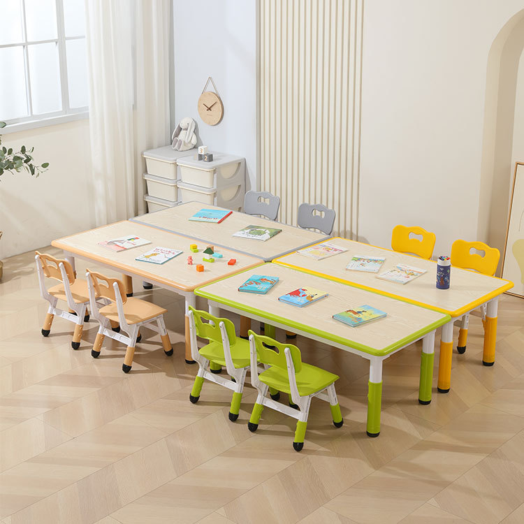 Kindergarten desks, children's height-adjustable learning desks, graffiti desks, wooden desks, handicraft desks, drawing desks, game desks and chairs details Picture