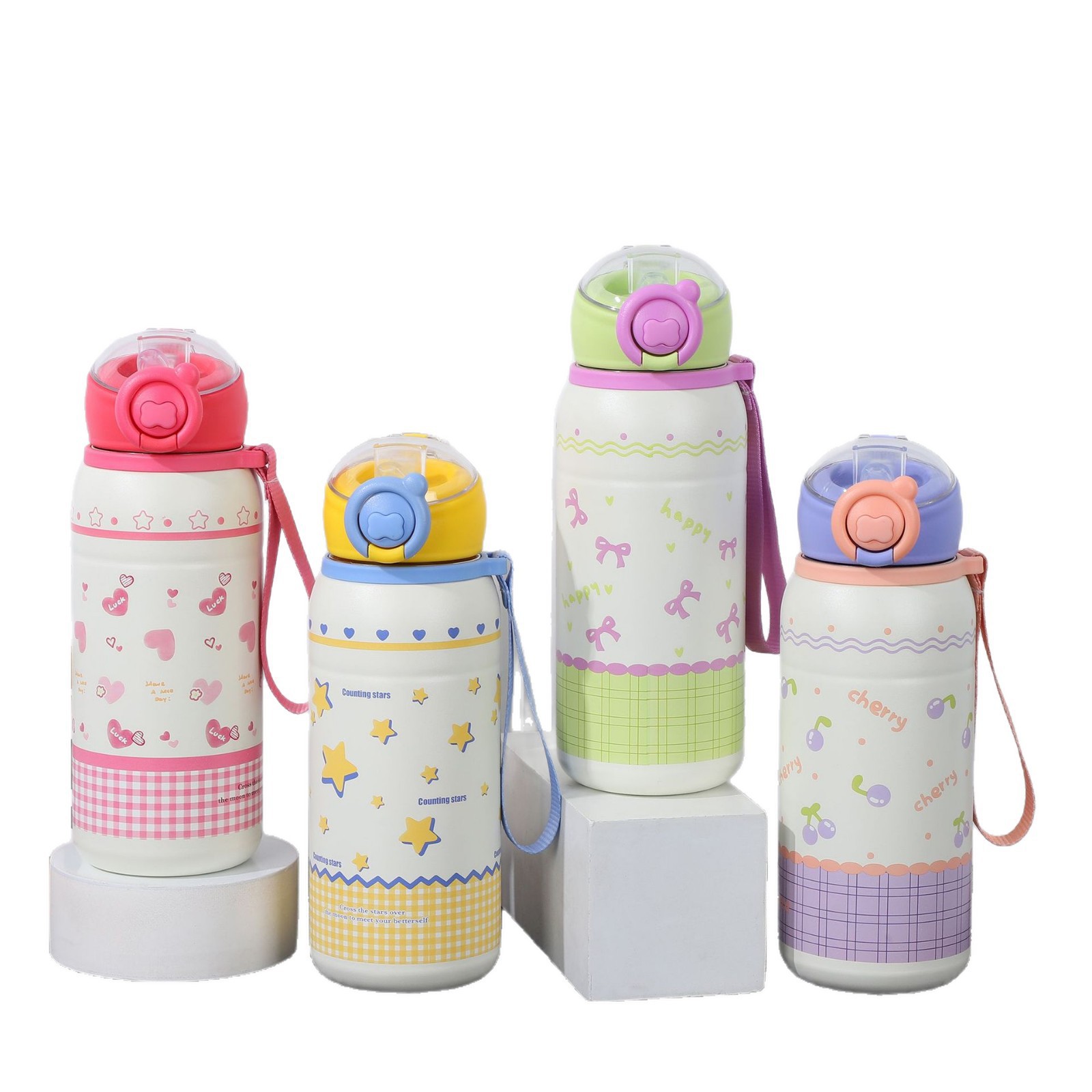 The new summer cold and heat preservation cup features a high appearance level, large capacity, and is cute for students. It is a stainless steel double-drinking cartoon straw cup Item Picture