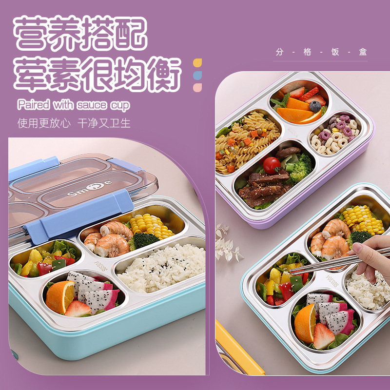 Simple Japanese-style four-compartment lunch box with bowl, 304 stainless steel sealed lunch box, portable lunch box for students and office workers, with spoons and chopsticks details Picture